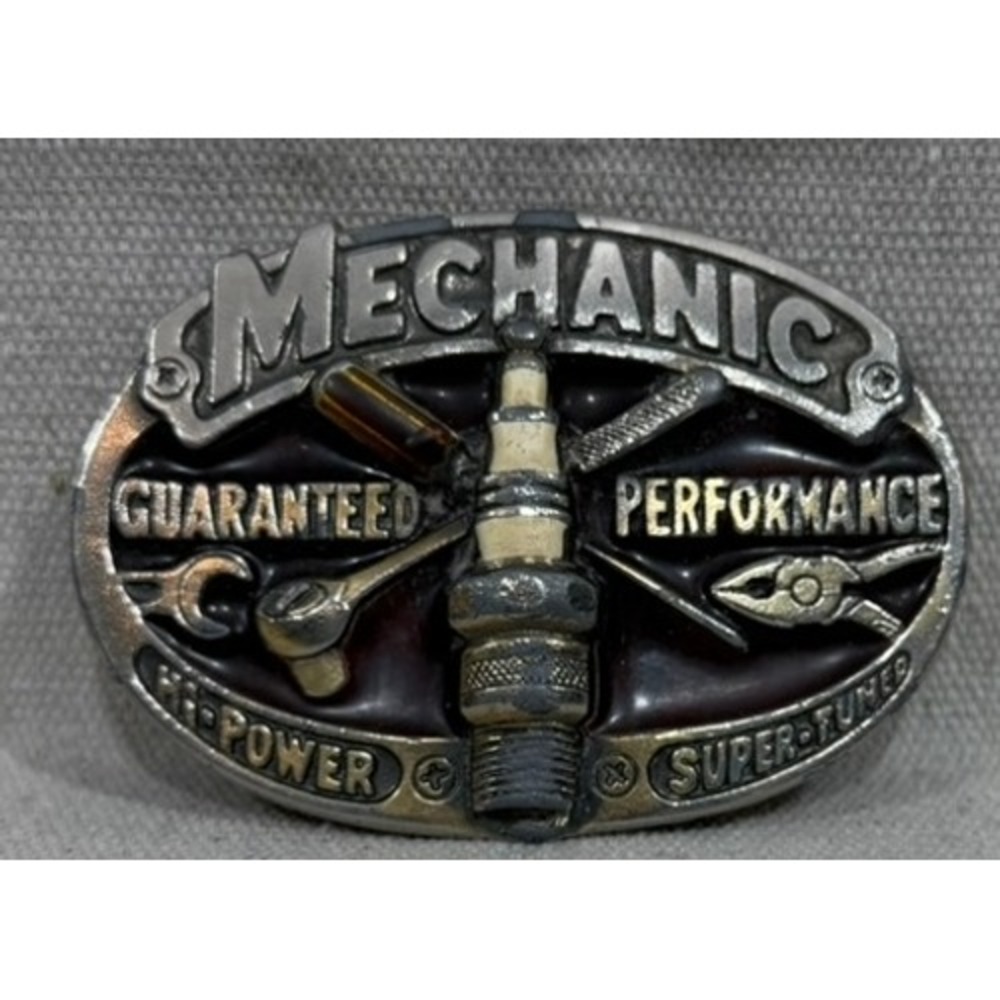 Vintage 1982 Mechanic Belt Buckle Spark Plug Tools Made in USA Pewter Tone 1353